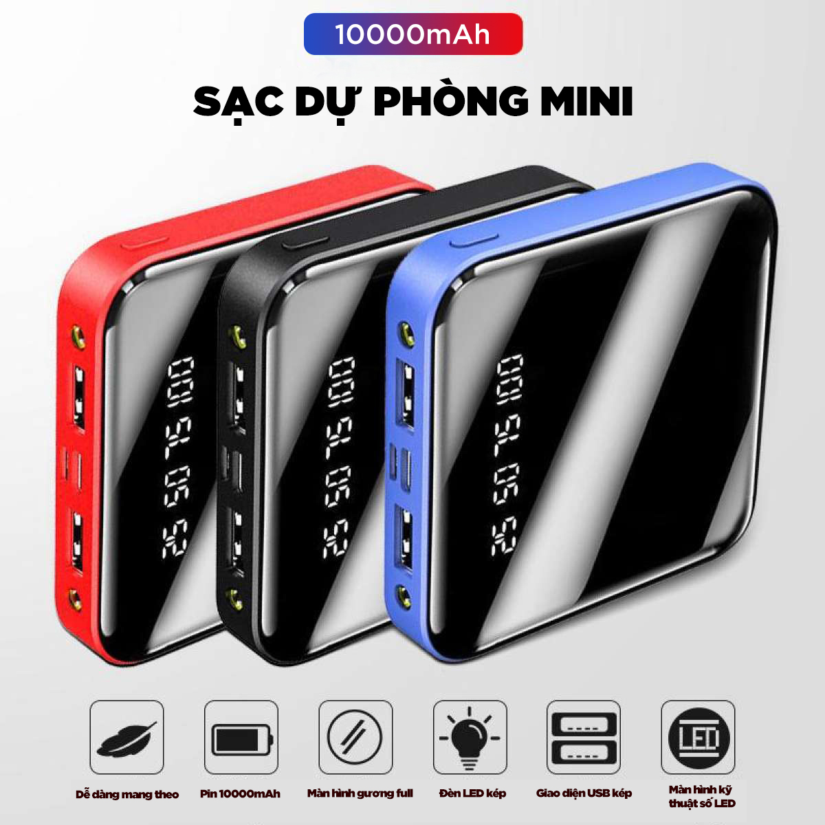 Pin Sạc Dự Phòng 10000mAh mini  Có 2 cổng USB 2.1A + 2 Đèn LED, nhỏ gọn tiện lợi kiểu dáng vuông cầm theo sạc nhanh, Siêu Mỏng Siêu Nhẹ Dành Cho Android Apple