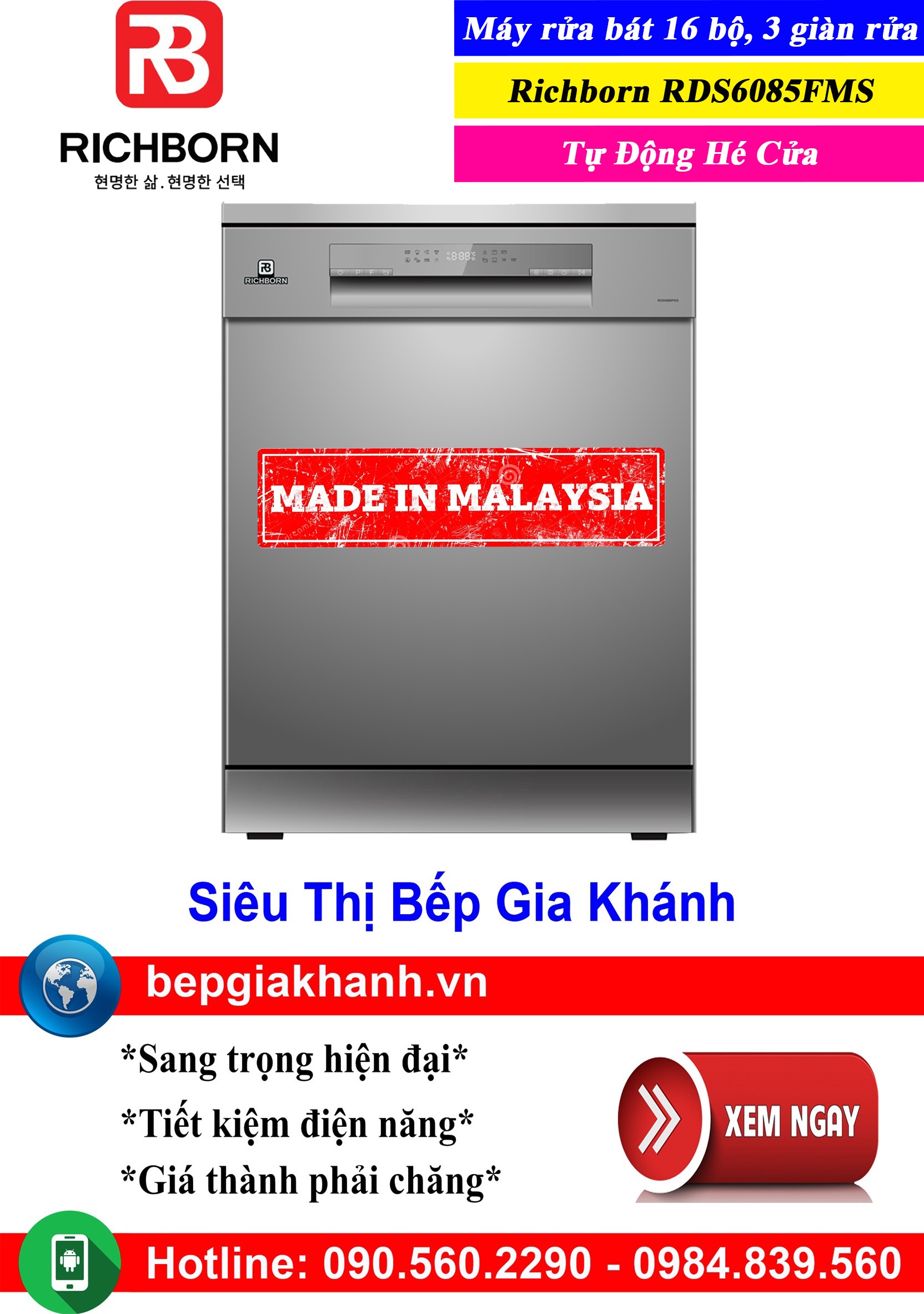 Máy rửa bát 16 bộ Richborn RDS6085FMS nhập khẩu Malaysia | Tự Động Hé Cửa | 3 Giàn Rửa, máy rửa chén, máy rửa chén bát, máy rửa bát máy rửa bát giá rẻ, may rua bat, may rua chen may rua bat gia re