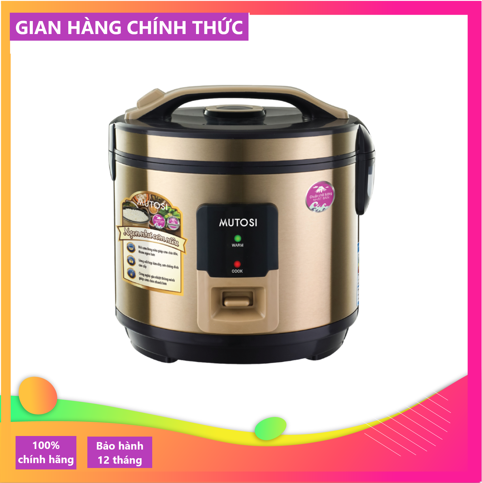 Nồi cơm điện lòng niêu chống dính 1.8L Mutosi MR-36 -  Hàng chính hãng - Bảo hành 12 tháng