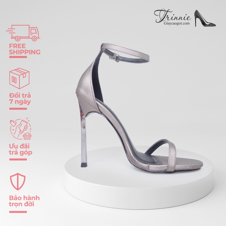 Giày cao gót 11cm Trinnie Sandal lụa satin Xám da PU cao cấp gót nhọn metallic gót đũa "Gót sắt" AGS-NM11STXA