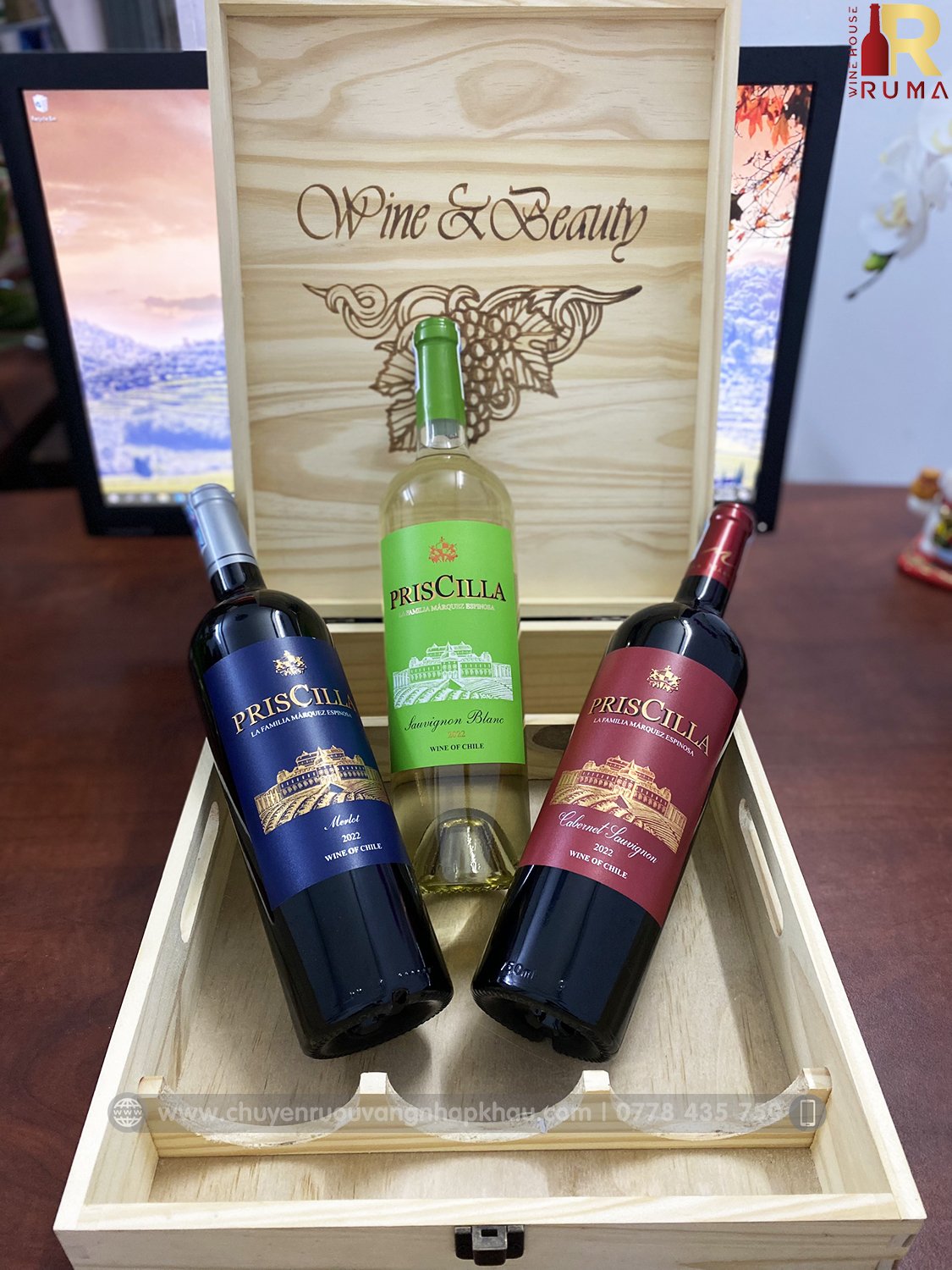 Set quà tặng vang Chile PrisCilla nhập khẩu -HôpGỗ3