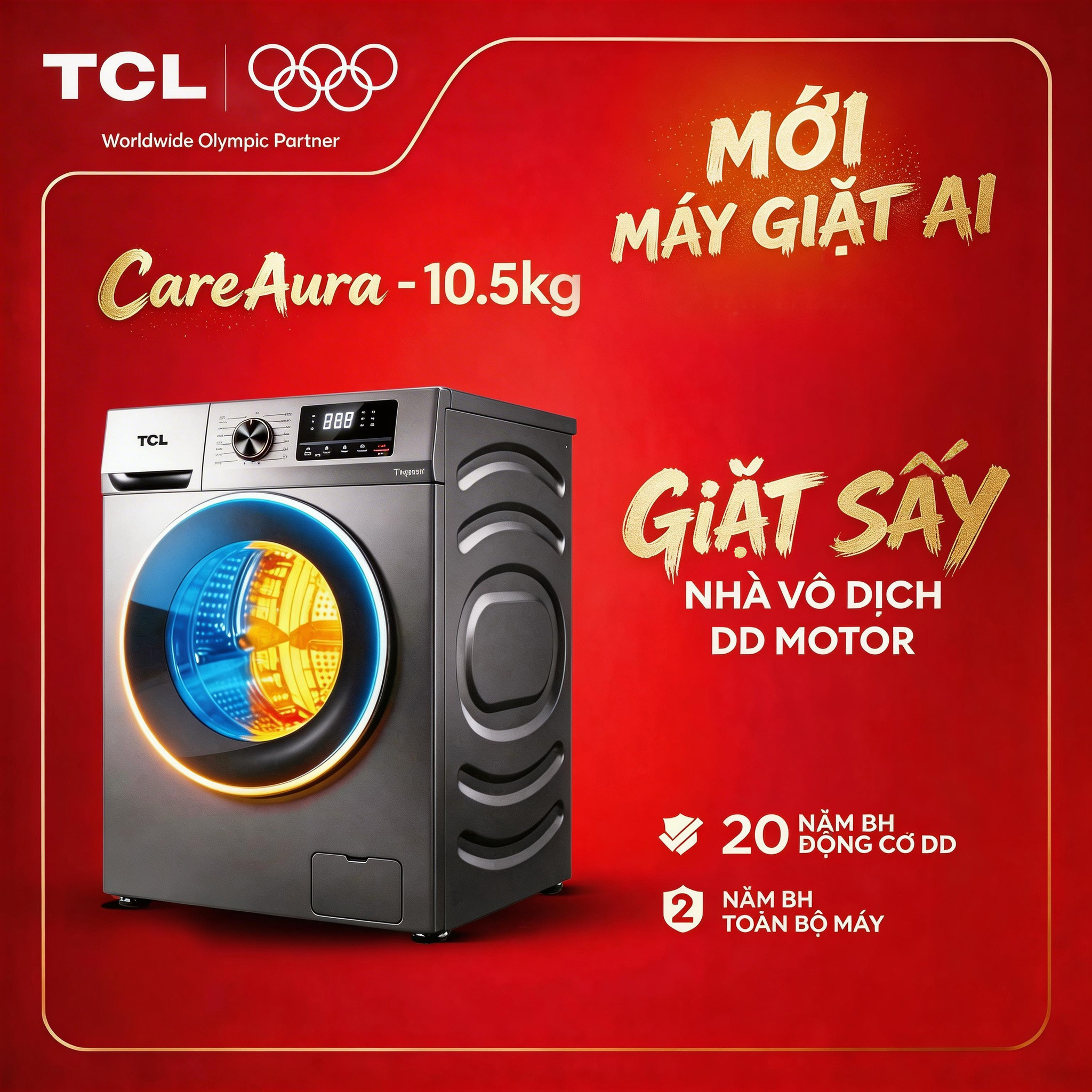 【Miễn Phí Lắp Đặt Cơ Bản Toàn Quốc】Máy giặt sấy TCL Care Aura 10.5KG - Động Cơ DD Inverter Cao Cấp - TCL TWD105-P122DG - Máy Giặt Sấy Cửa Trước