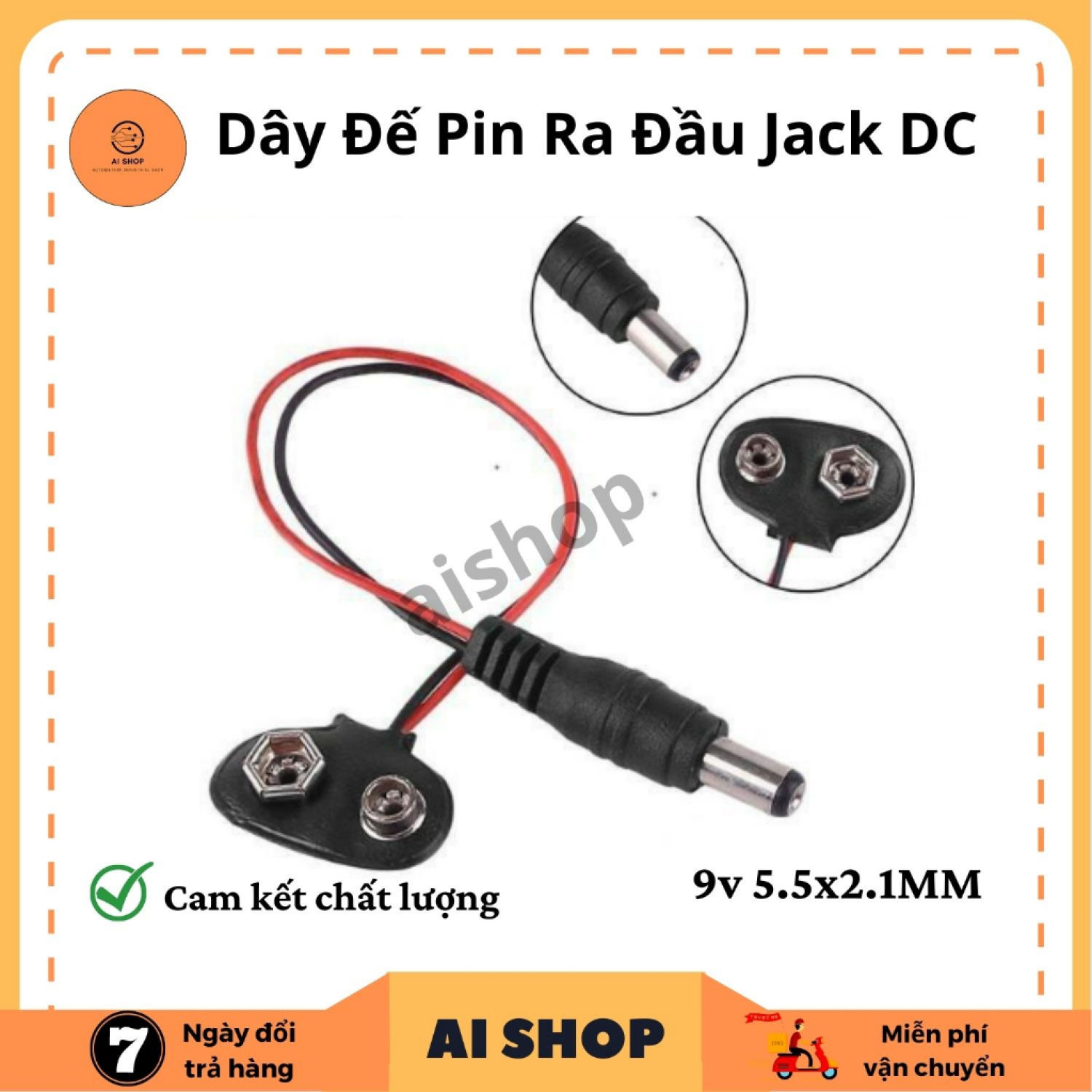 Dây đế pin 9v ra đầu jack dc 5.5x2.1mm