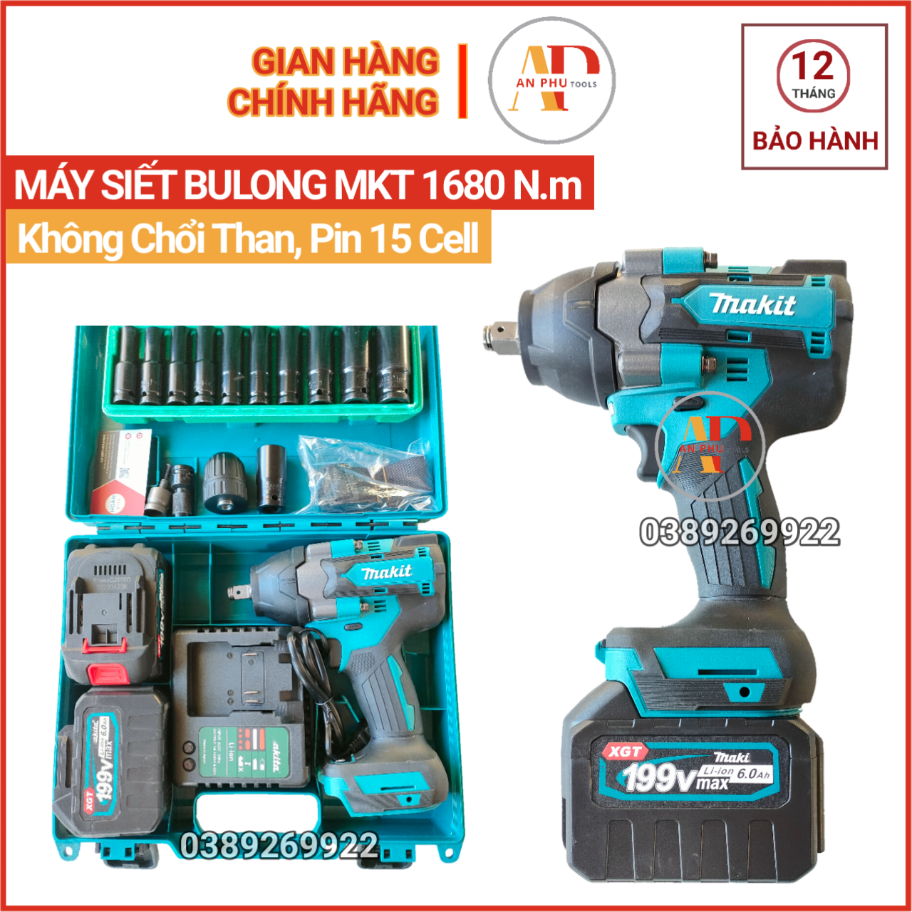 Máy siết bulong pin MKT 1680 N.m, không chổi than, Máy bắn bulong đa năng khoan tường, bắt vít, mở ốc xe