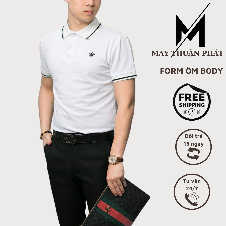Áo phông nam cổ bẻ Thêu hình con ong chất liệu cotton. Pollo cộc tay co giãn 4 chiều , mềm mịn thấm hút mồ hôi