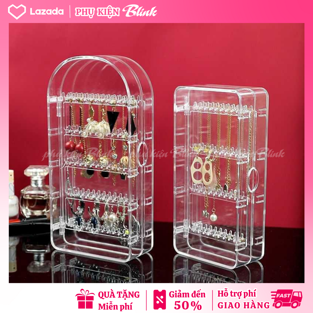 (HÀNG CAO CẤP - LOẠI DÀY) Kệ trang sức treo bông tai, dây chuyền  2 cánh đóng kín chống bụi nhựa Mica trong suốt