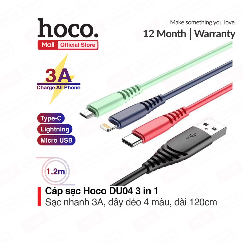 Cáp sạc đa năng hoco du04 3 in 1 sạc nhanh 3.0a dây dẻo màu sắc đầu sạc chống gập - ktc shop