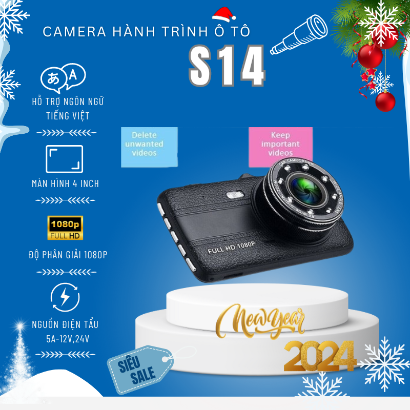 camera hành trinh ontek s14 trước sau fhd1080p tích hợp 8led màn hình 4inch ips siêu đẹp ống kính kép, ghi hình song song có chế độ ghi đè, chính hãng ontekco
