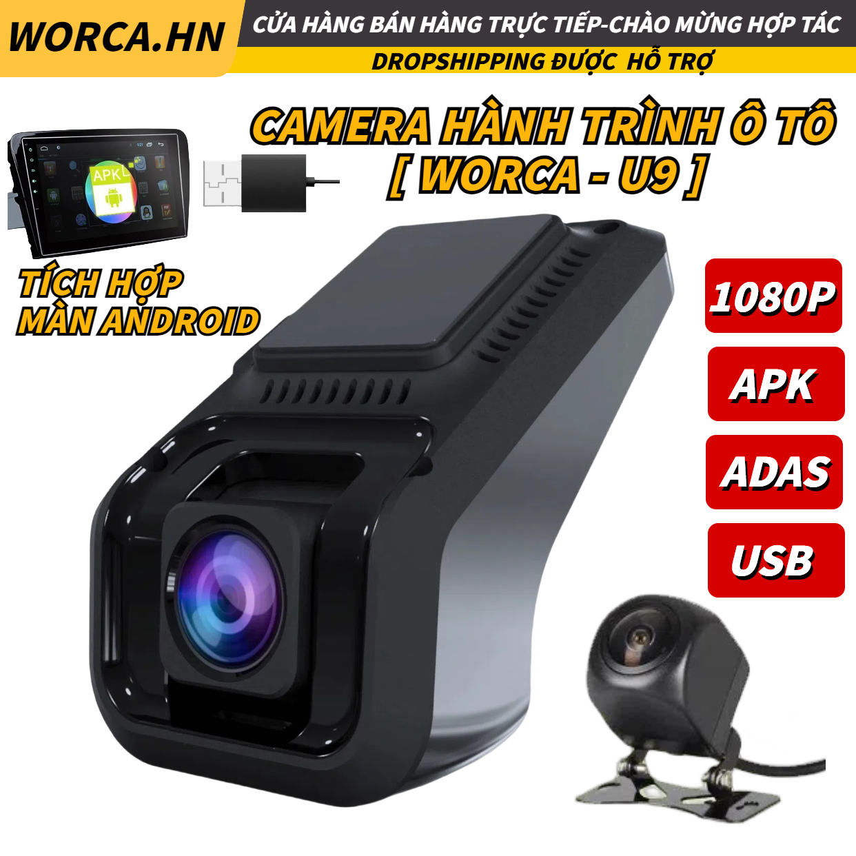 Camera Hành Trình WORCA Tích hợp màn android USB. Xe Ôtô / Cam Hành Trình/ Camera Giám Sát Hành Trình Xe Ô Tô , Full Hd 1080P 2 Cam Trước Và Sau , Sử Dụng Tiếng Việt , Camera 4.0 Đạt Chuẩn Quốc Tế Phù Hợp Cho Mọi Loạ