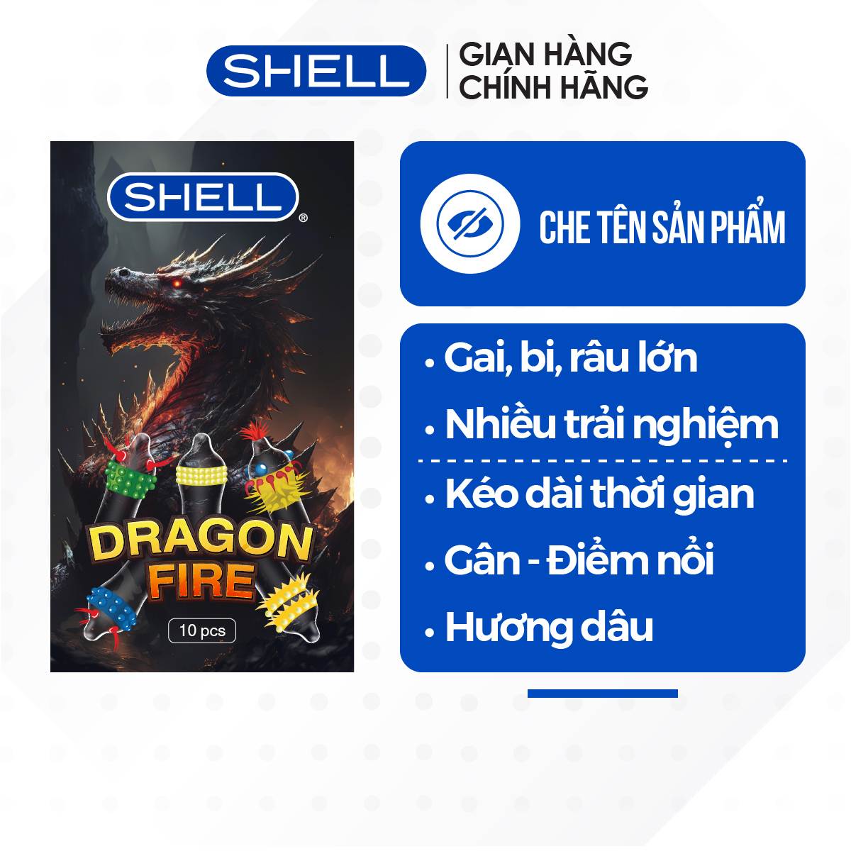 Bao cao su Shell Dragon Fire - Hộp 5 bao gai, bi nổi lớn + 5 bao Shell Performax (Hộp 10 cái) | SHELL CHÍNH HÃNG