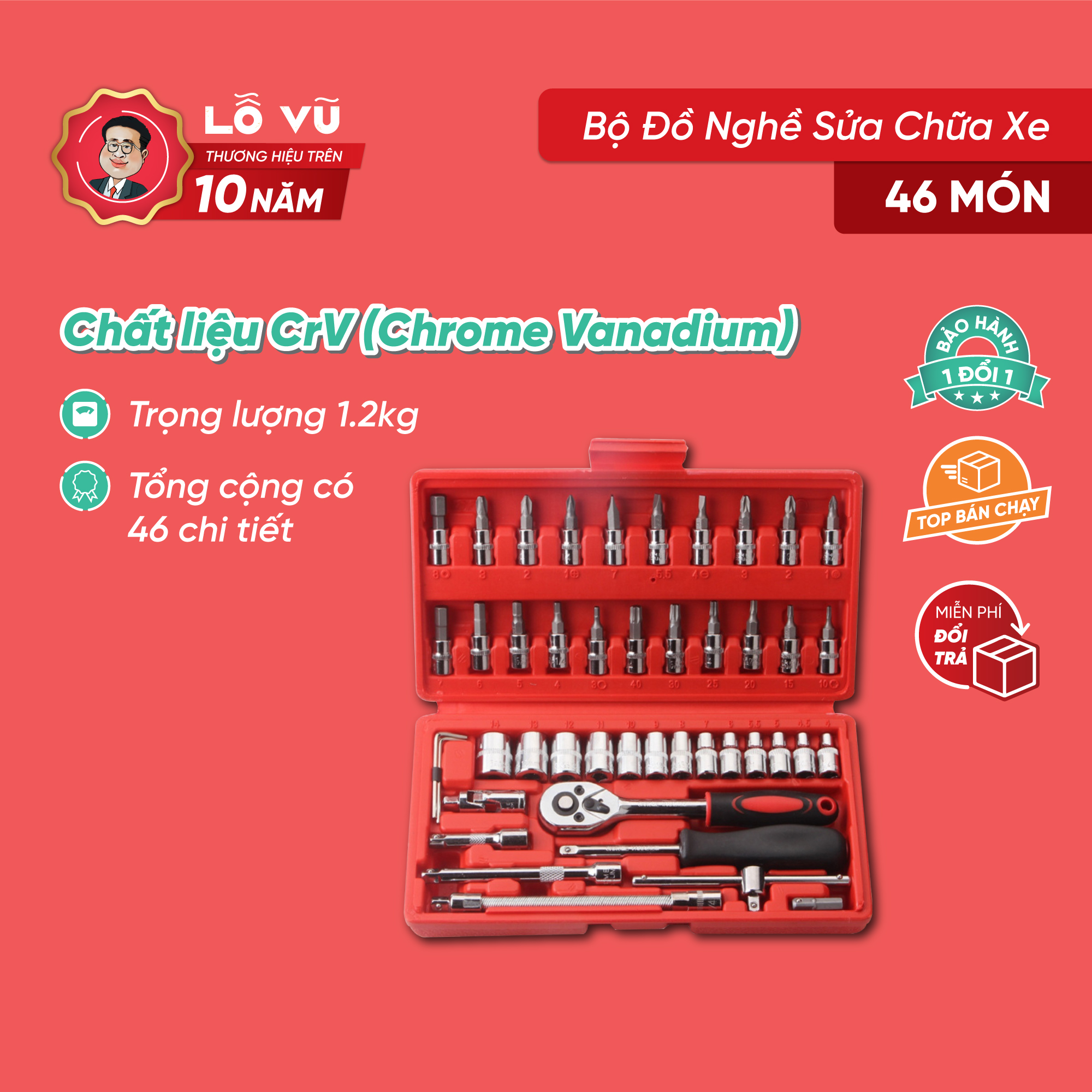 Bộ đồ nghề sửa chữa xe 46 món, bộ sửa chữa ô tô xe máy đa năng 46 món