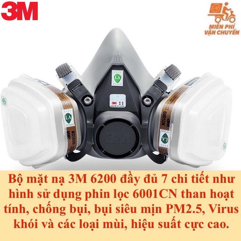 Mặt nạ 3M 6200 hoặc 3M 6100 full đủ 7 chi tiết tác dụng phòng độc lọc không khí ô nhiễm chống khói đám cháy, chống bụi siêu mịn PM2.5, virus, phòng khói hỏa hoạn chuyên dụng, mặt nạ dùng 2 phin lọc cao cấp 6001CN than hoạt tính