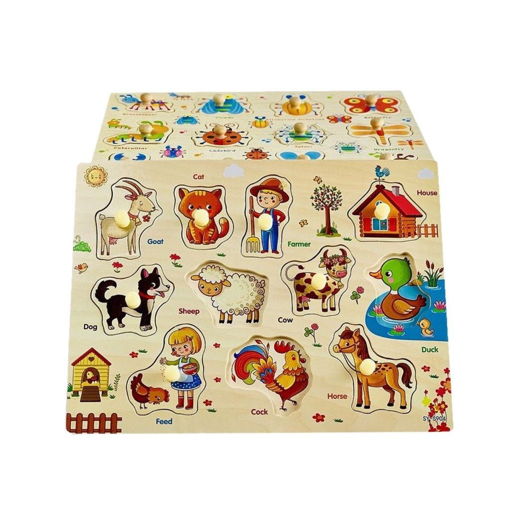 Bảng ghép hình núm gỗ nhiều chủ đề cho bé, Đồ chơi trí tuệ, Đồ chơi phát triển kỹ năng, Đồ chơi trẻ em