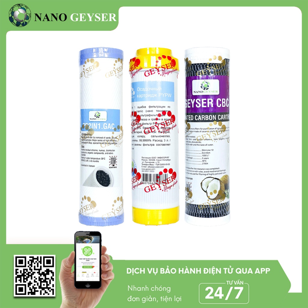 Bộ 3 lõi 123 dùng cho máy lọc nước công nghệ uf, lõi pp.2in1.gac, cation, cbc