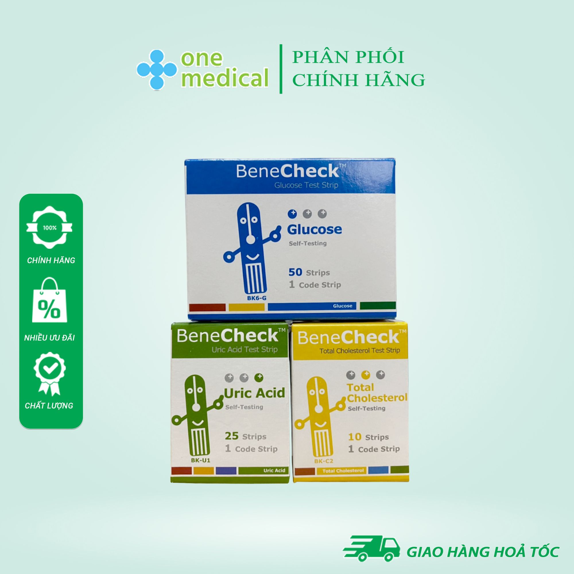 Bộ que thử đường huyết, mỡ máu , uric acid dùng cho máy benecheck plus