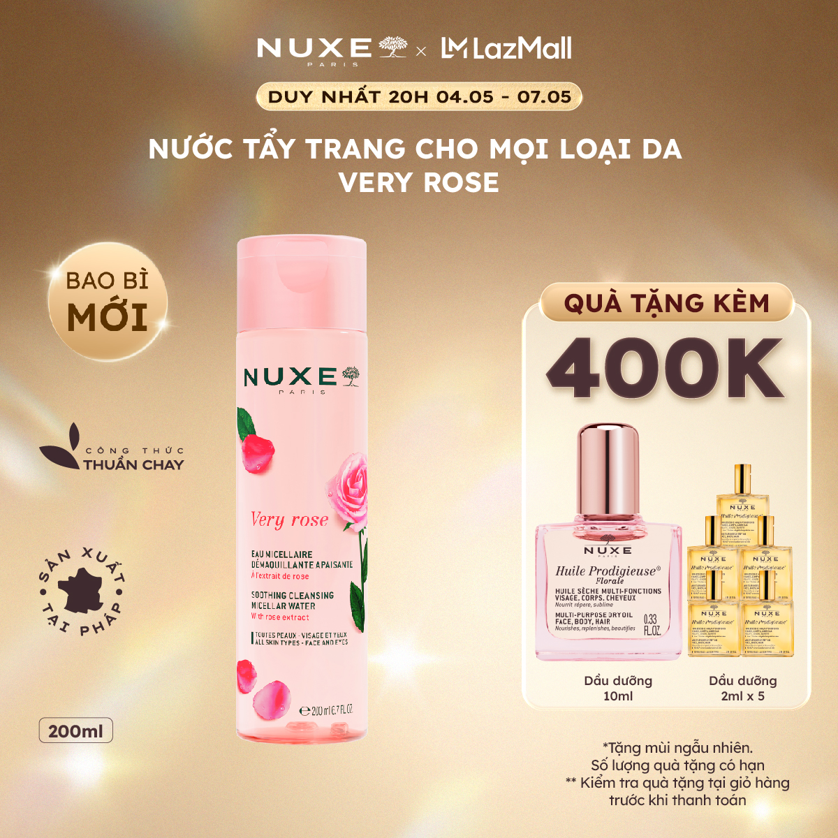 Nước Tẩy Trang Làm Sạch Dịu Nhẹ Cho Mọi Loại Da Chiết Xuất Hoa Hồng Nuxe Very Rose 200ml