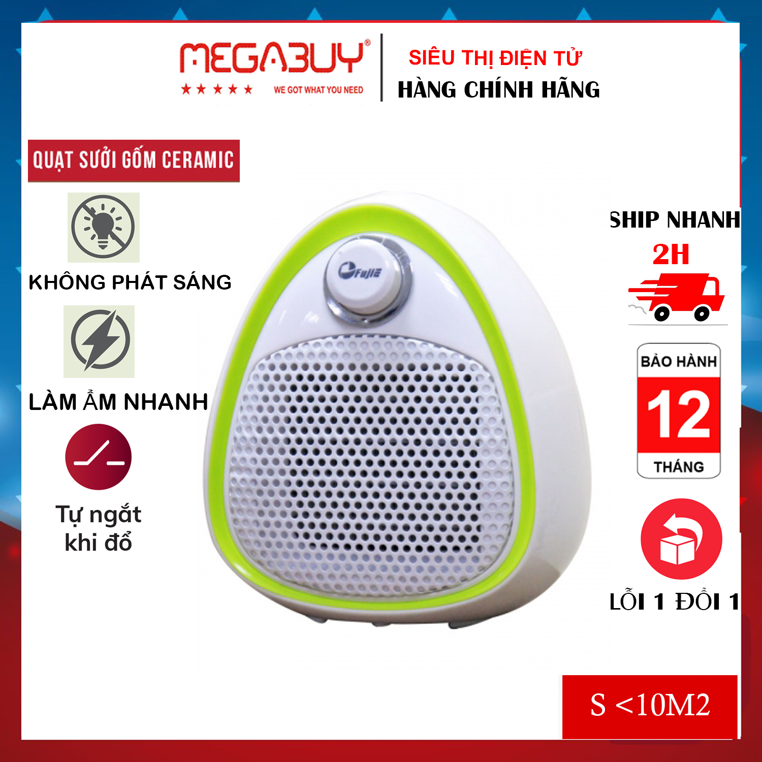 Quạt sưởi gốm mini Ceramic FujiE CH-202 Green , máy sưởi ấm mini điện (không phát sáng, làm ấm nhanh, không đốt oxi, tự tắt khi bị nghiêng an toàn khi sử dụng)