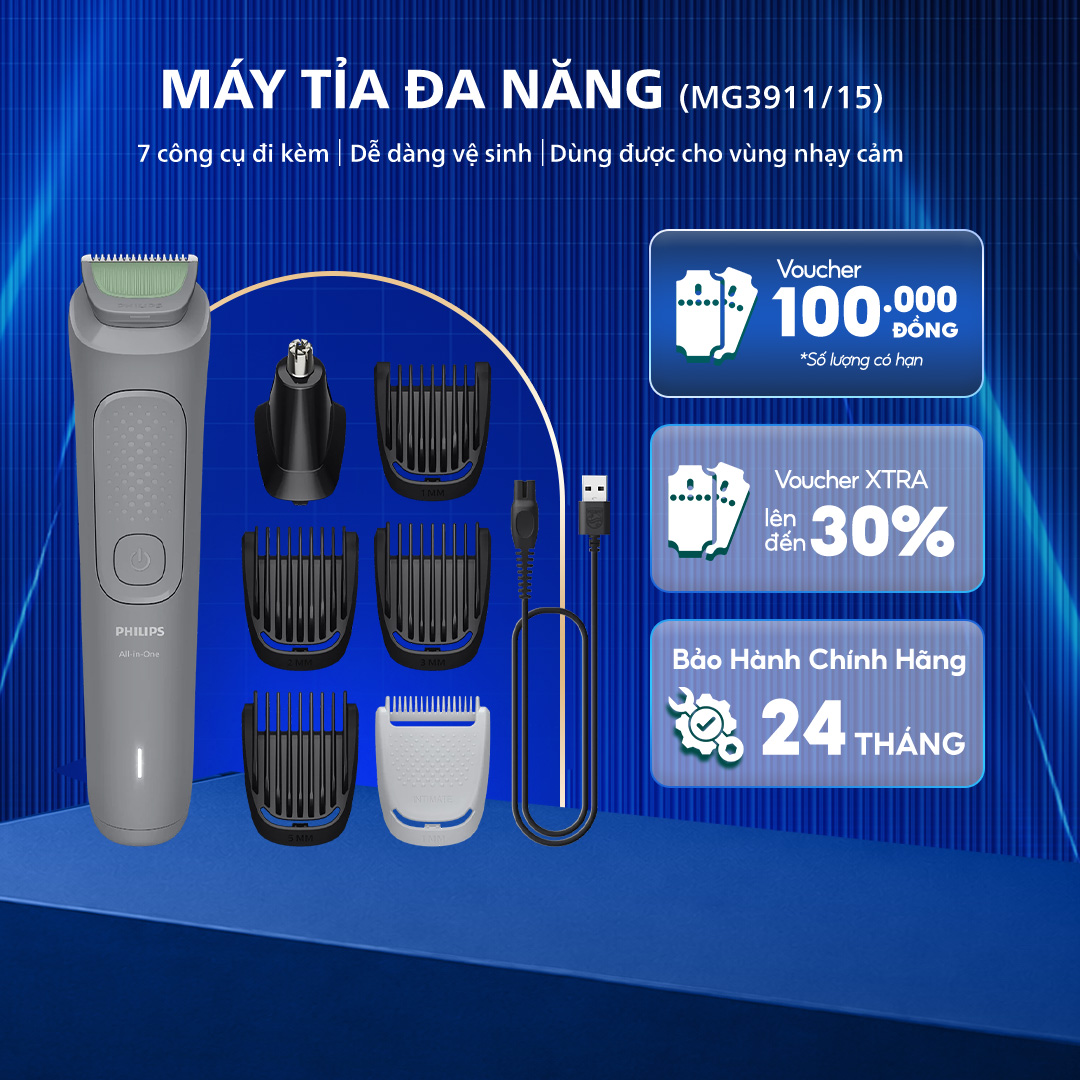 Máy Tỉa Đa Năng 7 Trong 1 PHILIPS MG3911/15, Cắt Tóc, Tạo Kiểu, Tỉa Lông Mũi, Kèm Theo 7 Đầu Phụ Kiện, Bảo Hành 5 Năm