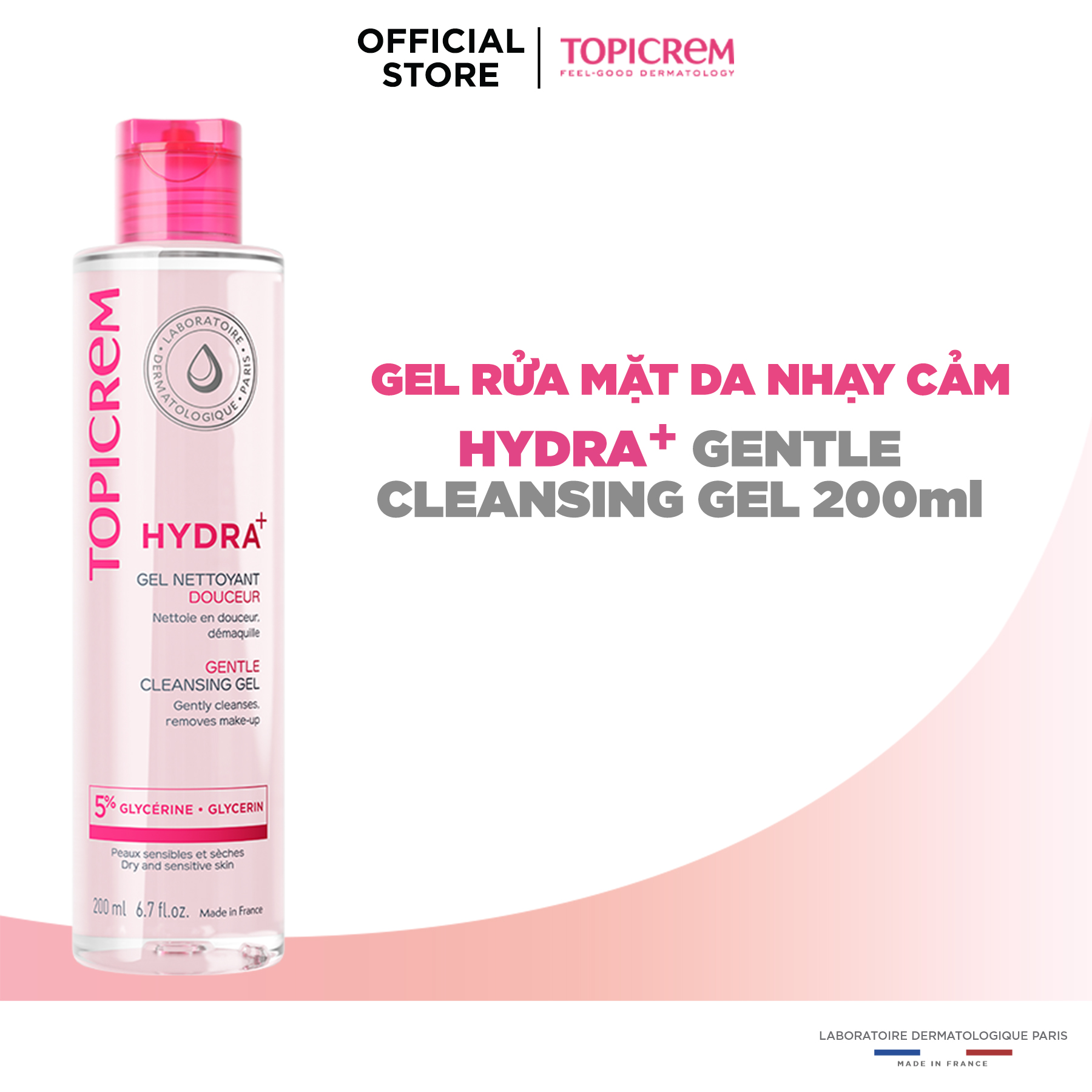 Gel rửa mặt không chứa xà phòng dành cho da khô và nhạy cảm TOPICREM HYDRA+ GENTLE CLEANSING GEL 200ML