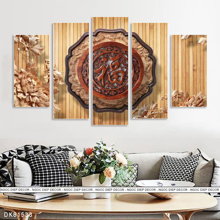 Bộ 5 tấm tranh dán tường chữ Phúc 3D, Tranh phong thủy, In UV chống bay màu