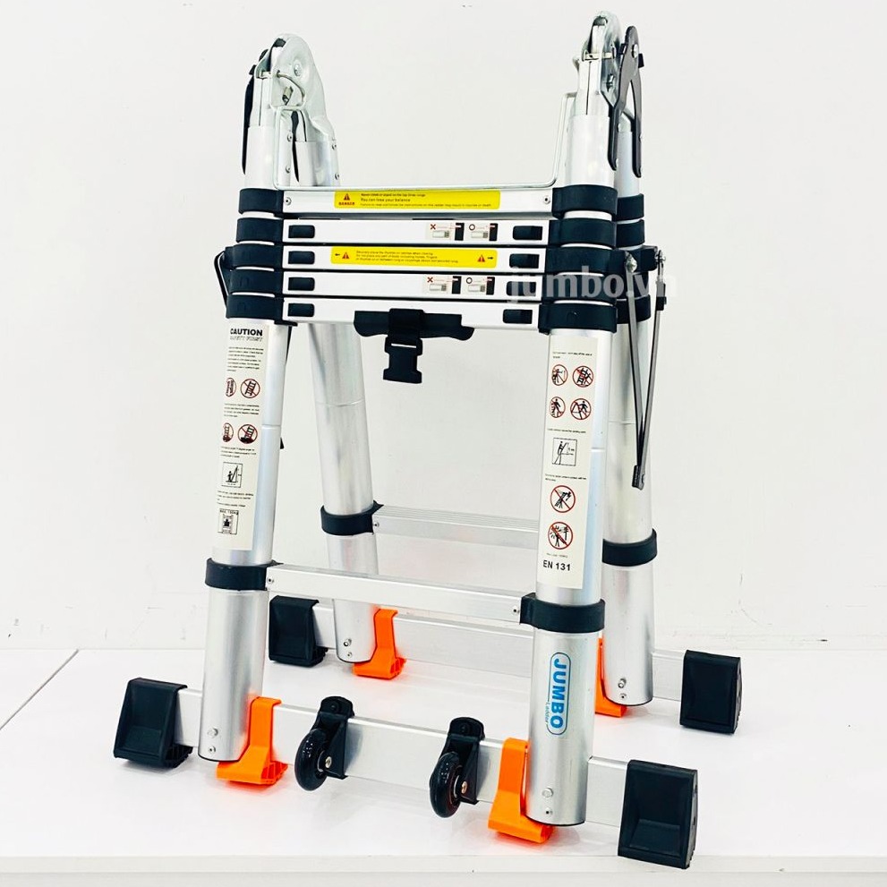 Thang nhôm rút chữ A 1,9m duỗi thẳng 3,8m Jumbo A190 - Tải trọng 300kg. Bảo hành 2 năm