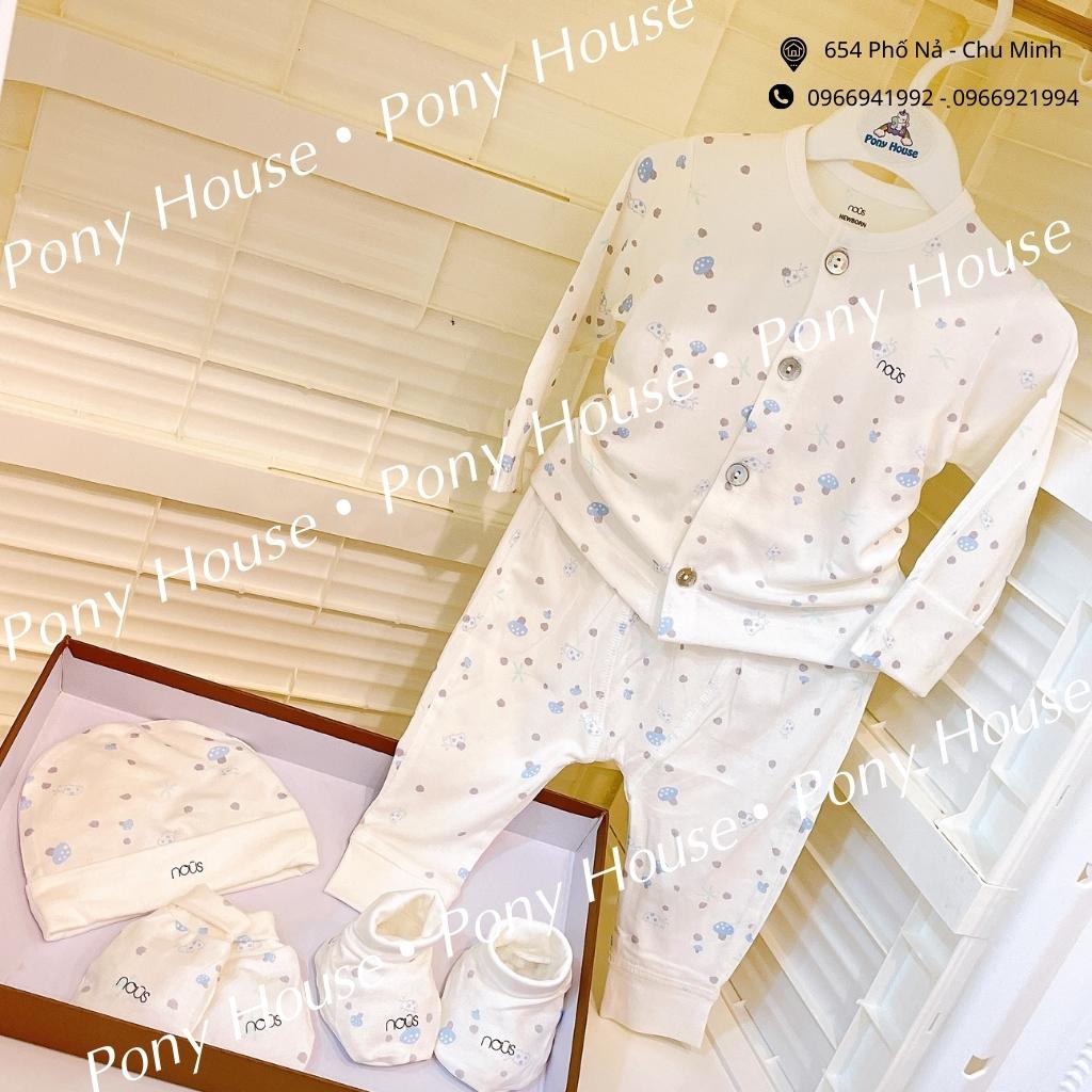 Bộ Sơ Sinh Nous Dài Tay + Set Mũ, Bao Tay, Bao Chân Nu Petit Màu Trắng Họa Tiết Hình Nấm Cho Bé Sơ Sinh/Newborn, Nb