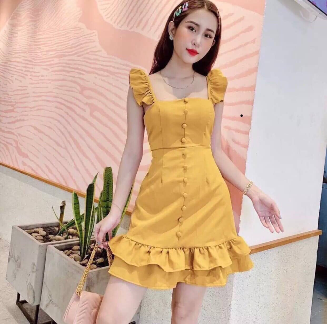 Đầm nữ đính nút đuôi cá sếp tầng thời trang phong cách hàn