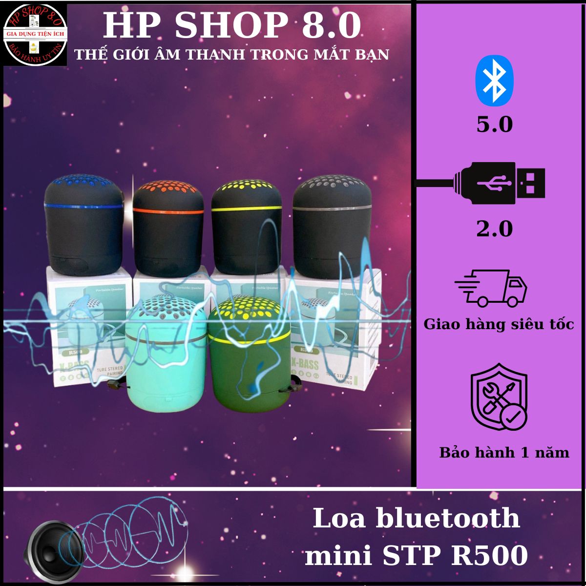 Loa bluetooth mini STP R500, Loa nghe nhạc không dây nhỏ gọn, Loa bluetooth R500, bass mạnh âm thanh hay có đèn led.
