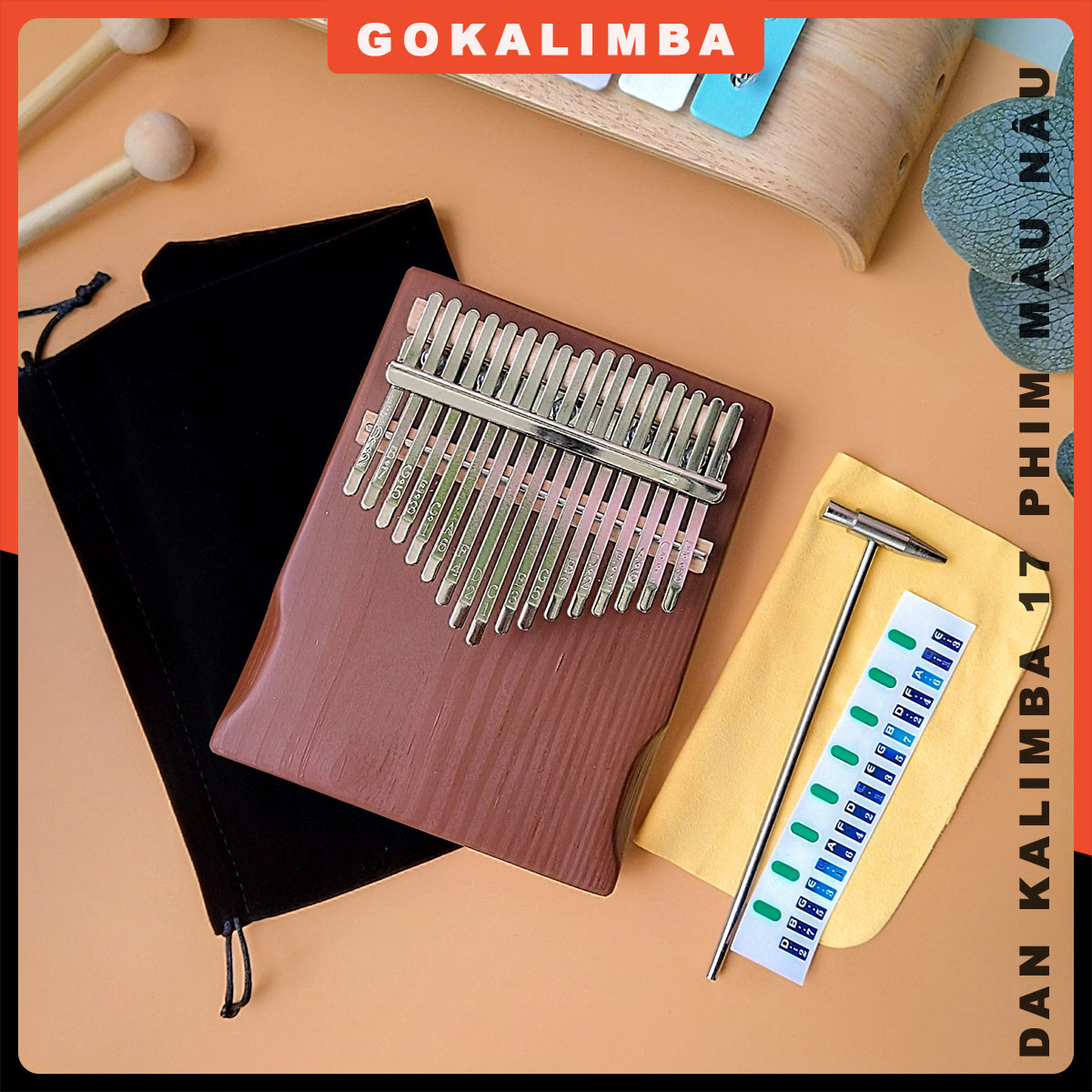 Đàn kalimba 17 phím GOKALIMBA màu nâu coffee gỗ manhogany cao cấp tặng kèm phụ kiện