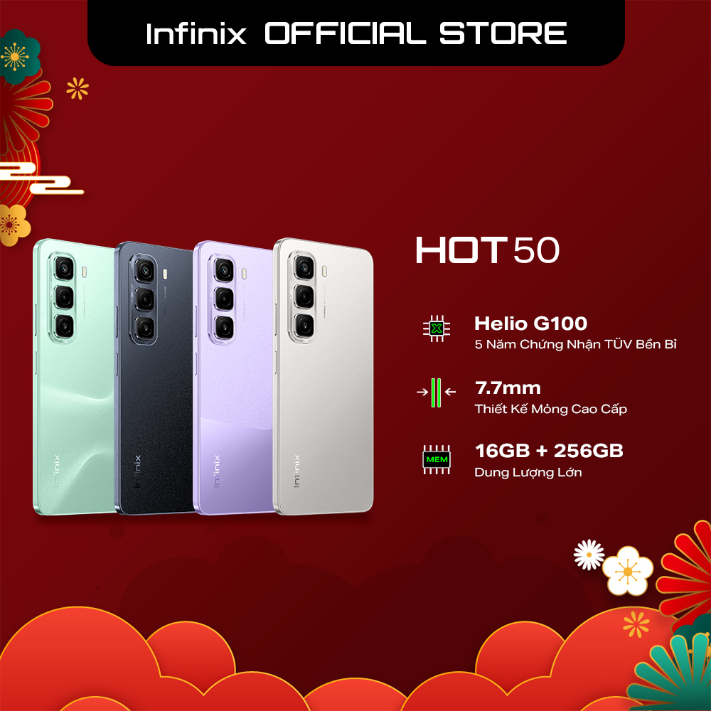 Infinix HOT 50 | 256+8GB (Mở Rộng16GB) | Chipset Helio G100 | 120Hz Big Screen 6.7" | Sạc Nhanh 18W Battery 5000mAh I Bảo Hành 1 Năm