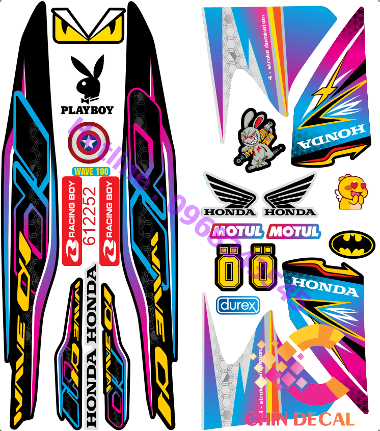 Tem rời WAVE ALPHA 100 & 50cc  Hồng Xanh Đen ( Tem 3 lớp chống nước chống bay màu MS : 621137 )