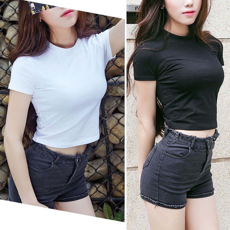 Áo croptop cổ tròn cao tay ngắn