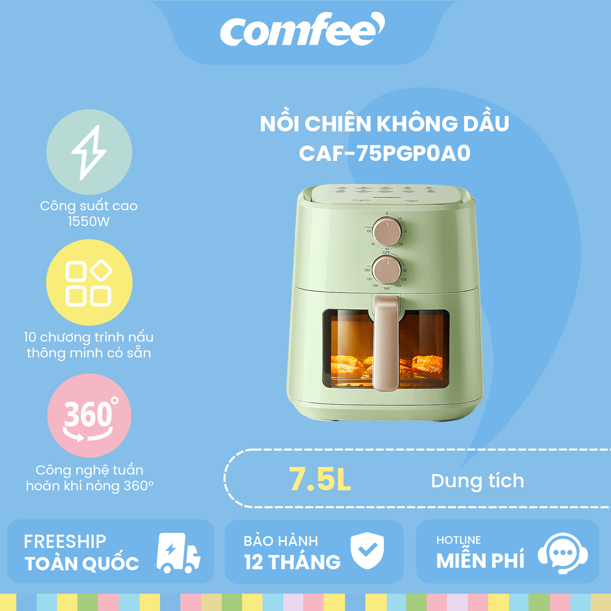 Nồi Chiên Không Dầu Comfee Dung tích 7.5L CAF-75PGP0A0 - Hàng chính hãng bảo hành 12 tháng