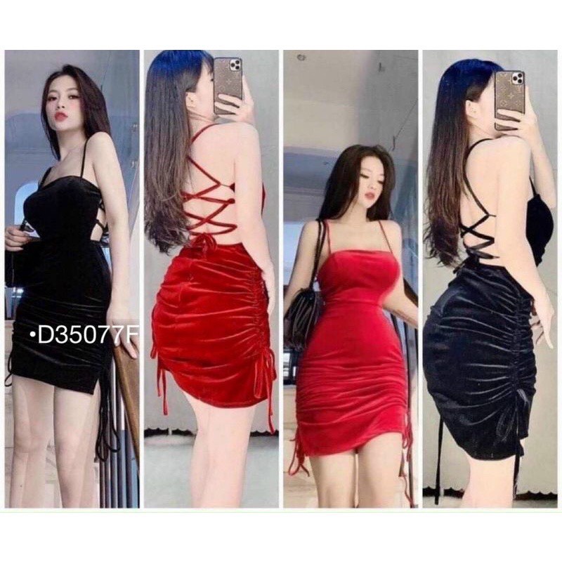 Đầm xẻ tà 2 bên hông đan dây chéo lưng nhung, váy nhung hở lưng đan dây 2 dây rút