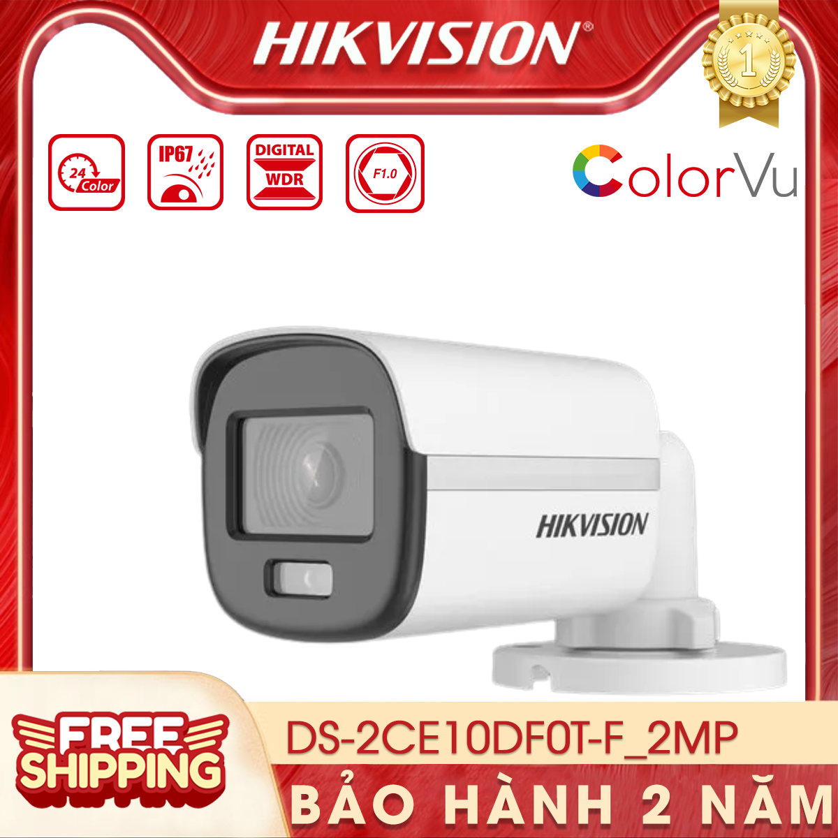 Camera ngoài trời colorvu hikvision ds-2ce10df0t-f | có màu | 2mp | chống nước, chống bụi | đèn trợ sáng khi báo động | hồng ngoại 20m