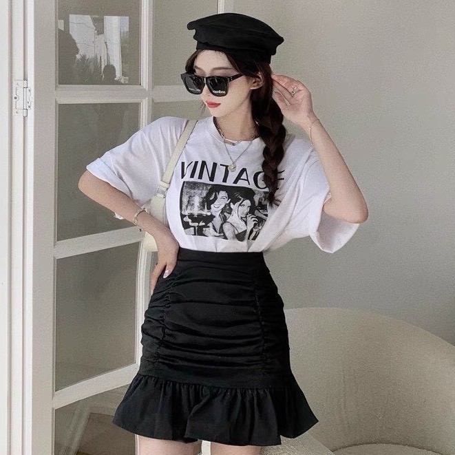 Set áo thun cotton in hình chân váy đuôi cá FREESHIP Áo phông nữ mix chân váy bozip AD148