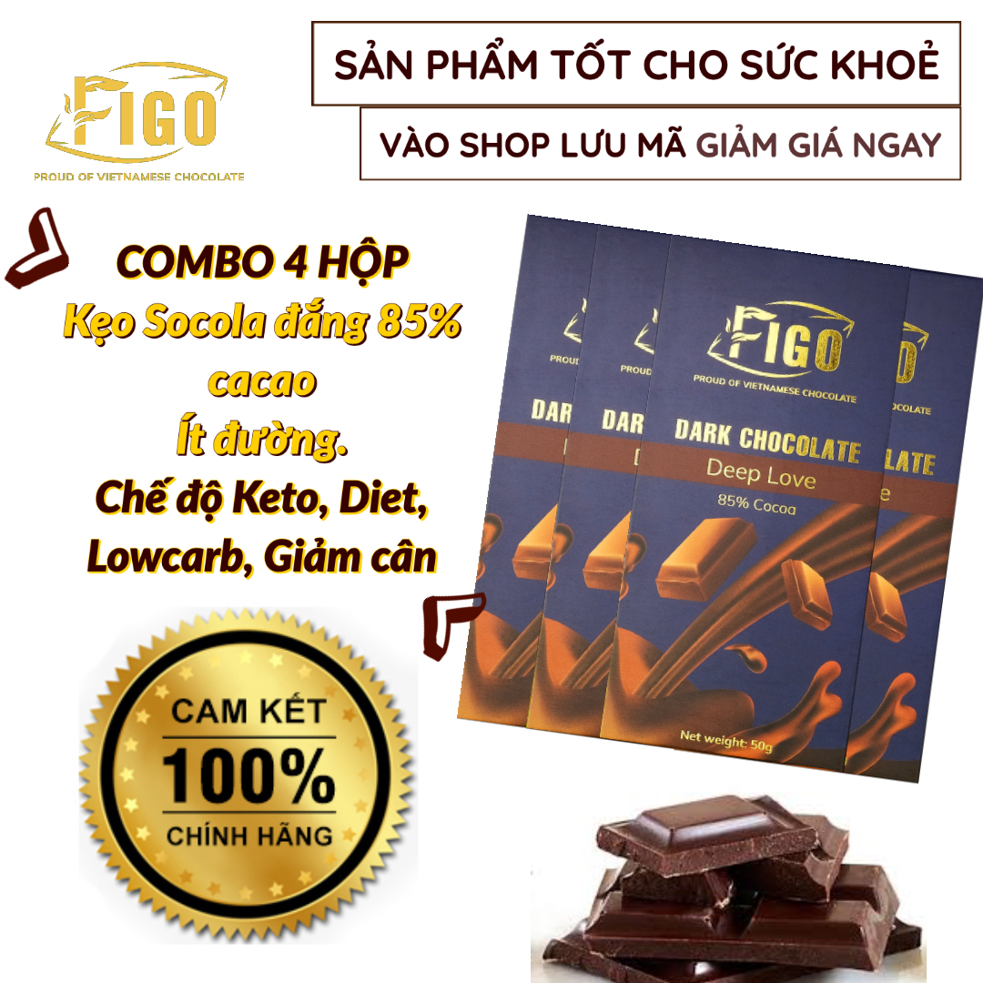 ĂN VẶT GIẢM CÂN- COMBO 4 HỘP Kẹo Socola đen 85% cacao ít đường 50g 4 HỘP