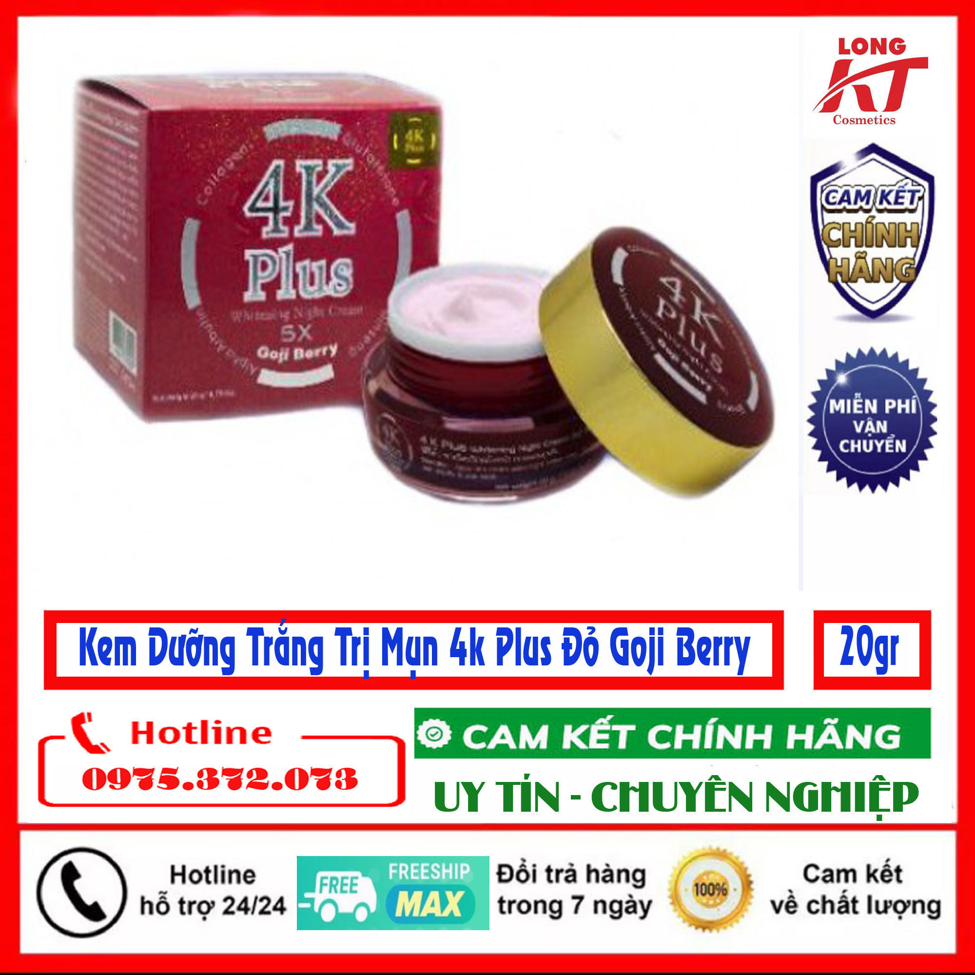 [Chính hãng 4k plus Thái Lan]-[Màu Đỏ] Kem Face Dưỡng Trắng Da Giảm Mụn Ban Đêm 4K Plus 5X Goji Berry Thái Lan 20GR