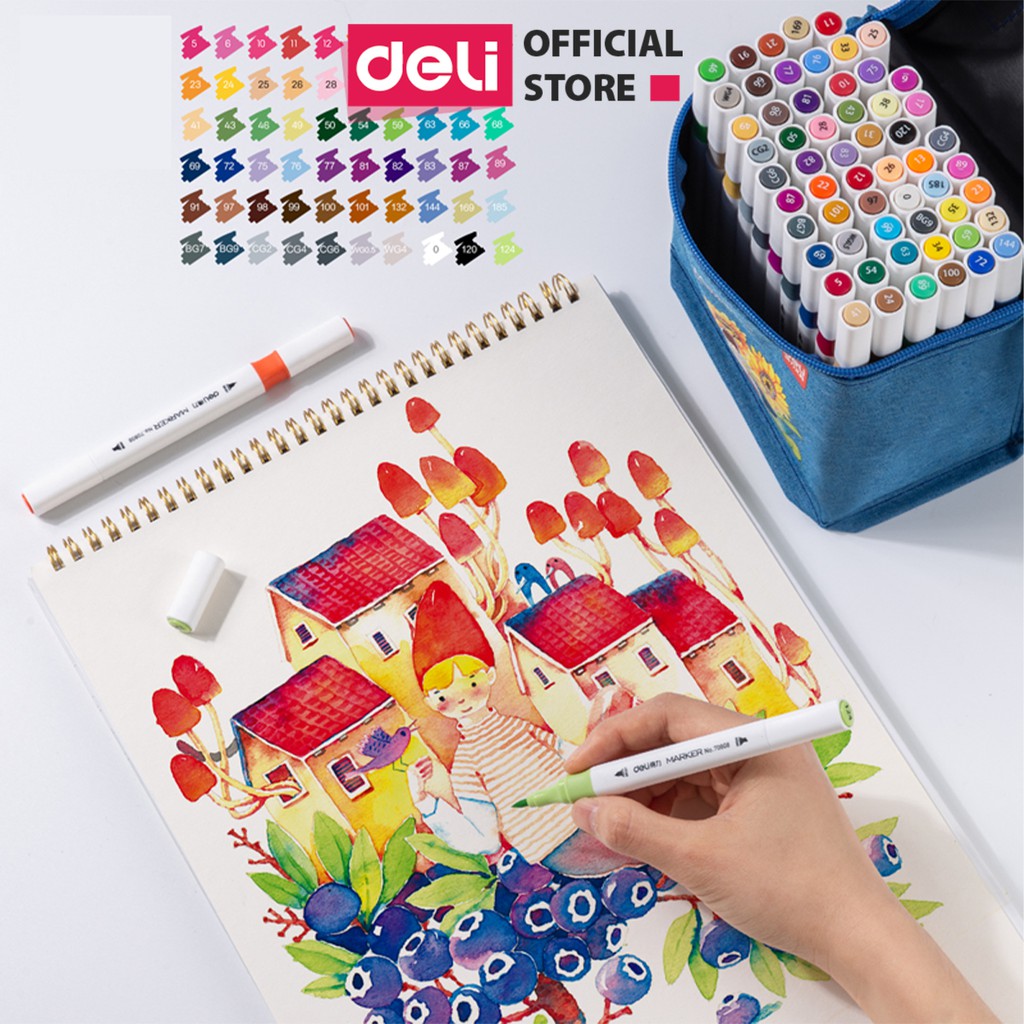 Bút màu marker 2 đầu túi vải Deli - mực có thể rửa được - có đầu brush và vát - 30/40/60/80màu -70808