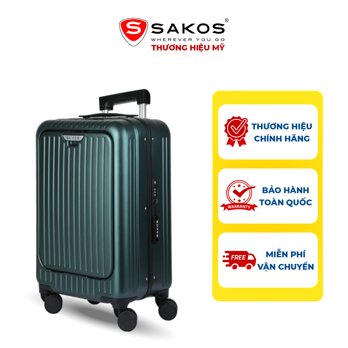 Vali khung nhôm cao cấp sakos mastery size s, xách tay -chất liệu pc cao cấp, thiết kế khung nhôm khóa sập, khóa tsa.
