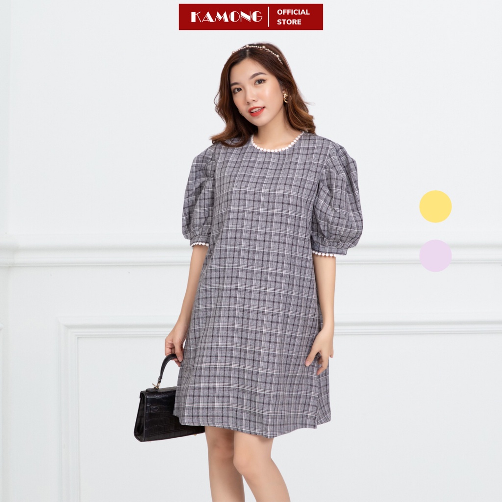Đầm suông caro phối cổ ren kamong d086