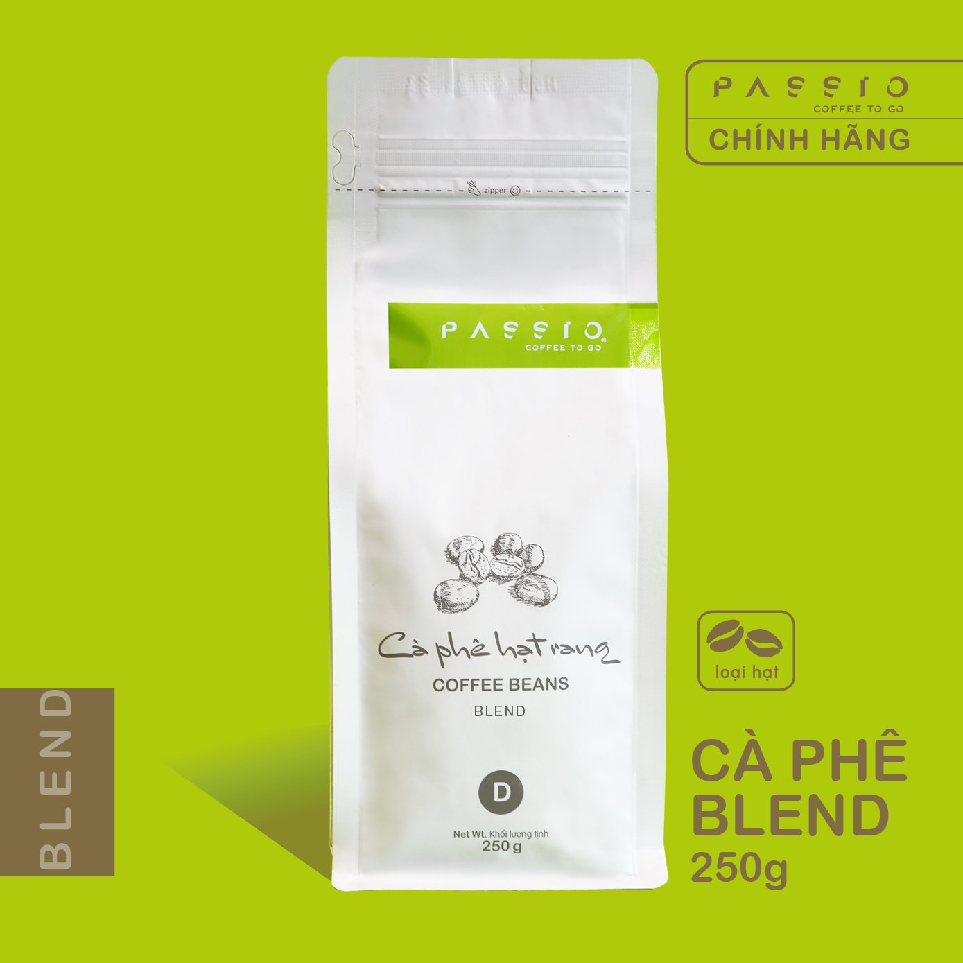 Cà phê Blend dạng Hạt nguyên chất 100% rang mộc - Passio Coffee