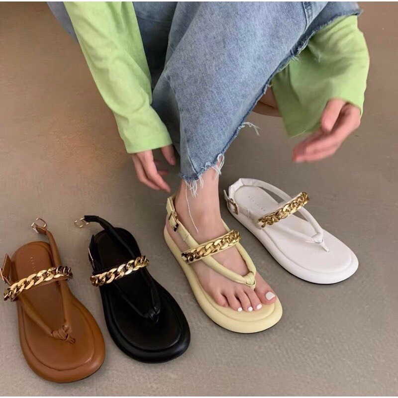 Sandal nữ xỏ ngón quai ống phối xích siêu xinh đế cao 2 phân Xăng đan nữ xỏ ngón Xăng đan đế xuồng