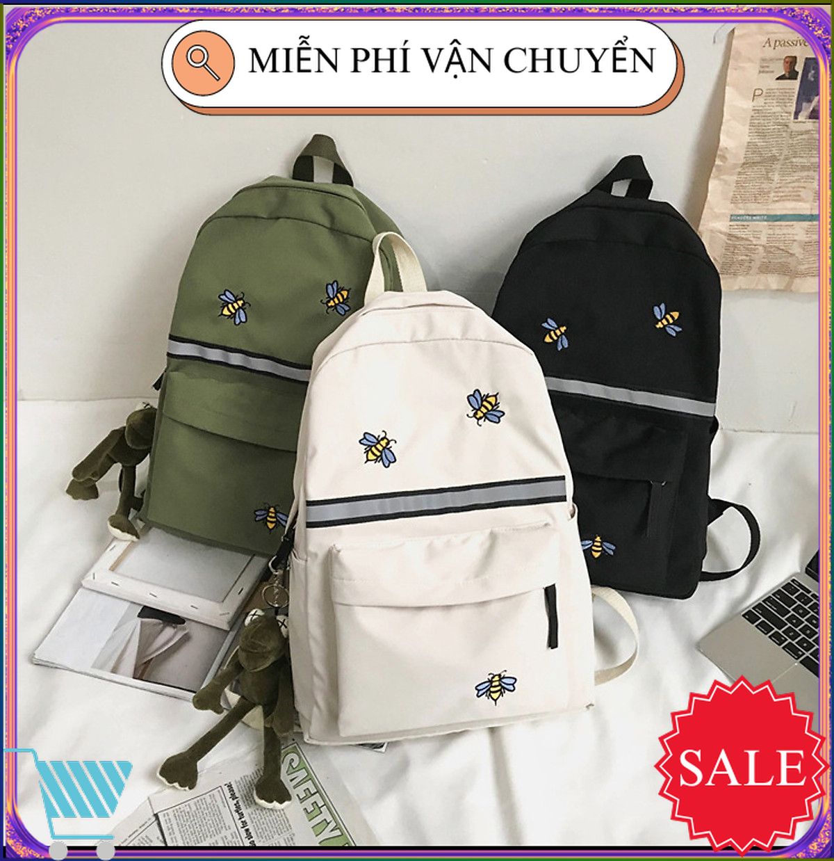 Balo học sinh thêu hình con ong m1640, dành cho cả nam và nữ