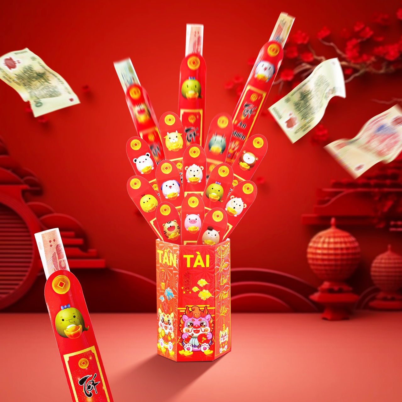 Bao lì xì gieo quẻ hộp 12 quẻ hình lục giác, bao lì xì tết 2024 siêu phẩm của năm