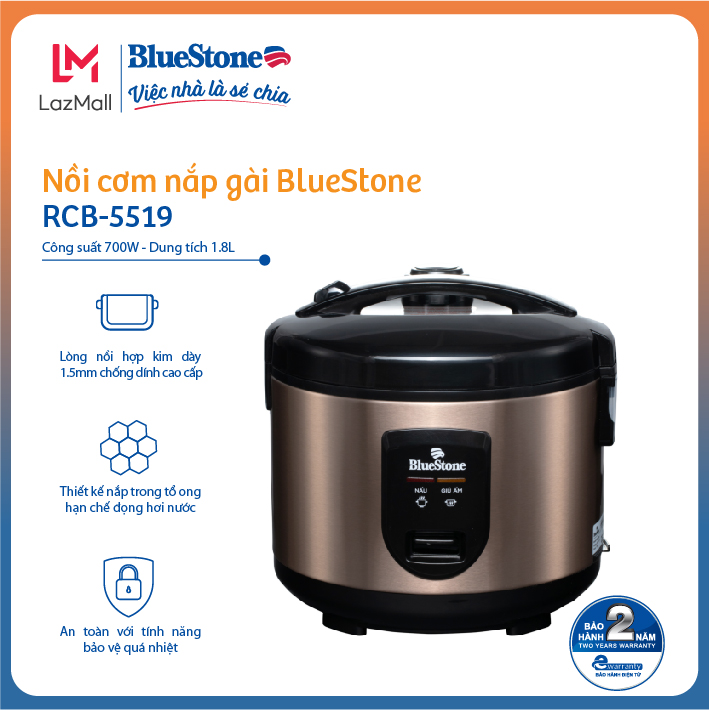 Nồi cơm điện 1.8L BlueStone RCB-5519 - Phù hợp gia đình 4-6 người - Lòng nồi hợp kim dày chống dính - Bảo hành 2 năm - Hàng chính hãng