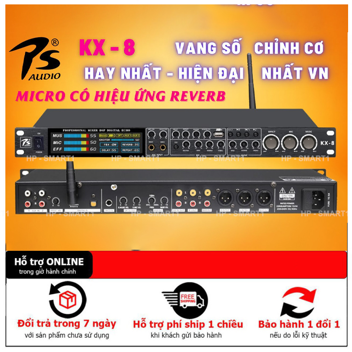 Vang cơ ps audio kx-8 -thiết kế đẹp, màn hình hiển thị rộng, tính năng chống hú rất mạnh, chất âm hay, tích hợp chế độ nâng tiếng cho bass trep mạnh mẽ, tích hợp usb, cổng quang, bluethooth không dây.
