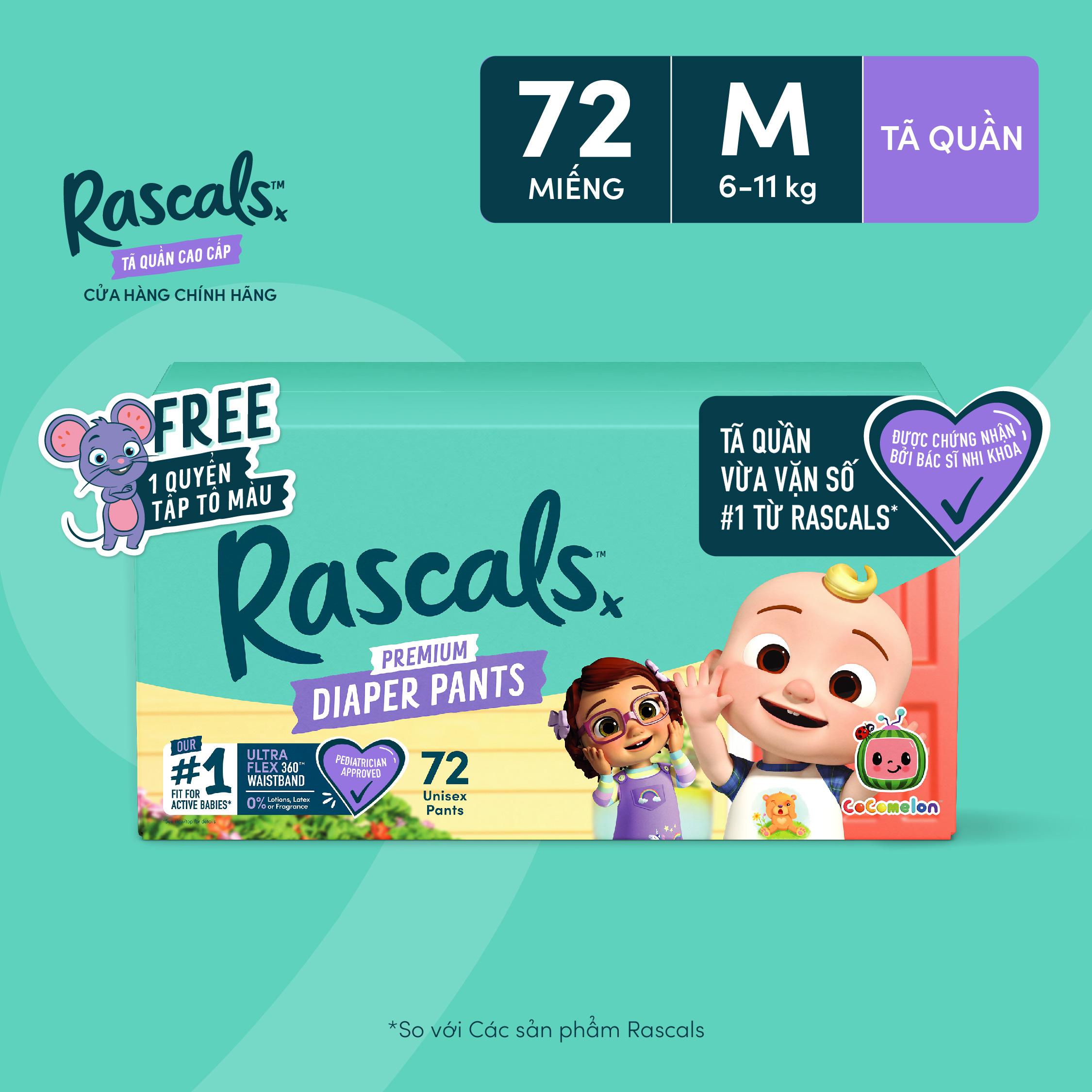 Tã/Bỉm Quần Rascal + Friends Cocomelon Size M (6-11kg) 72 miếng - Kèm sticker ngẫu nhiên