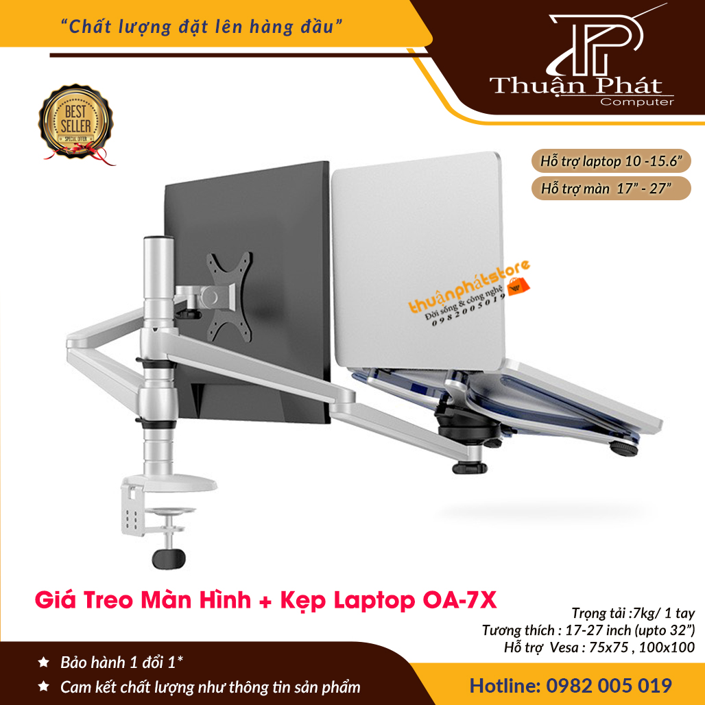 Giá Treo Màn Hình  24 - 27 Inch - Kèm Tay Treo Đỡ Laptop 10 - 15.6 Inch -  Hợp Kim Nhôm Cao Cấp  - Model OA-7X