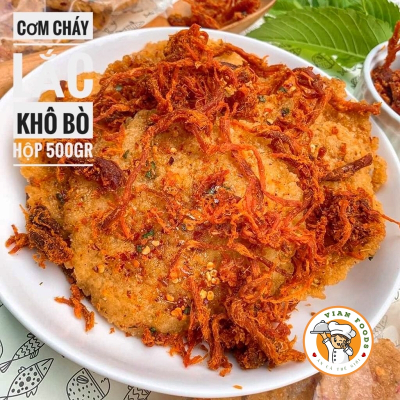 Cơm cháy lắc khô bò/ cơm cháy xốc khô bò- hộp 300gr- đồ ăn vặt